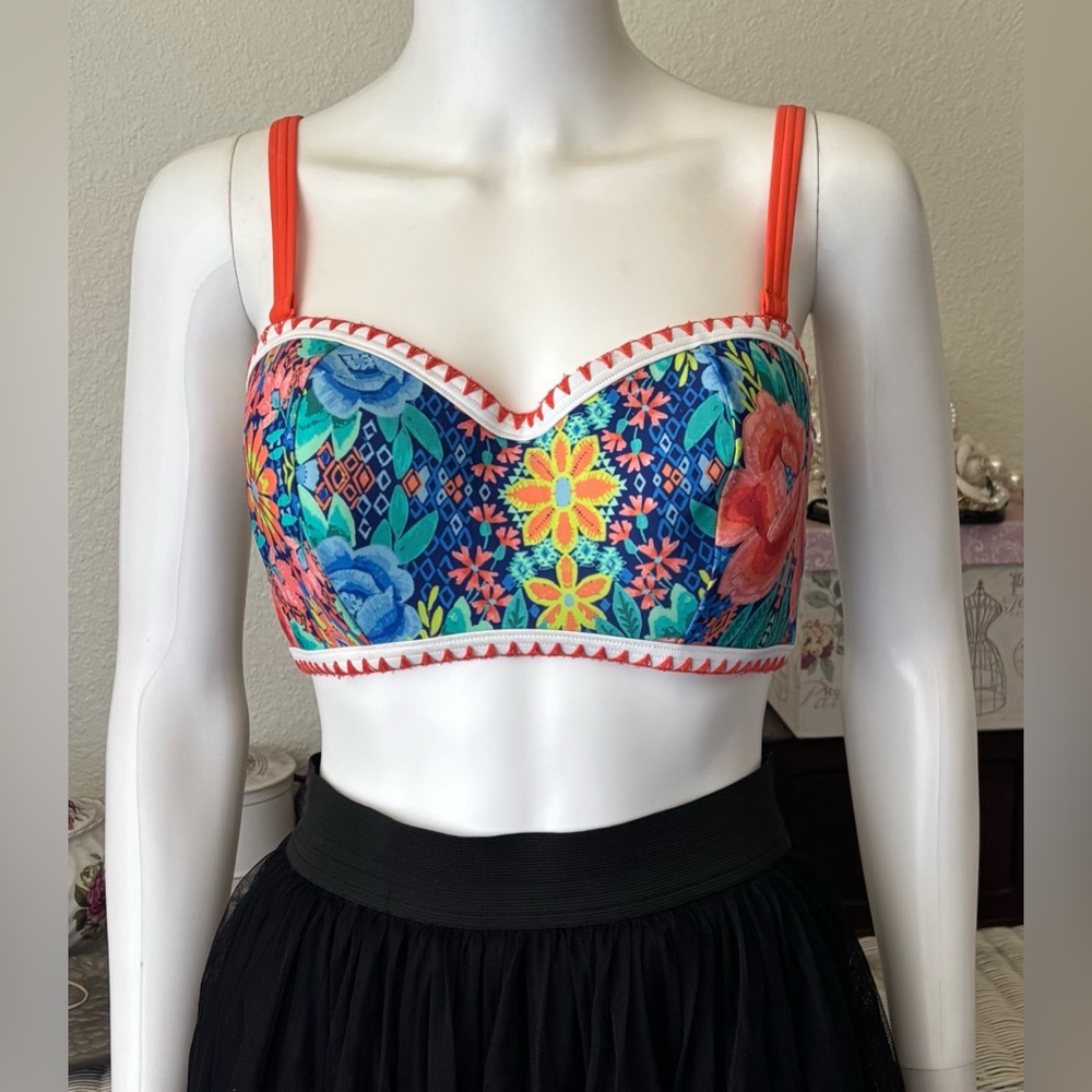 Figleaves Frida Floral UnderWired Bandeau Bikini Top in Blue Orange Size 34DDD